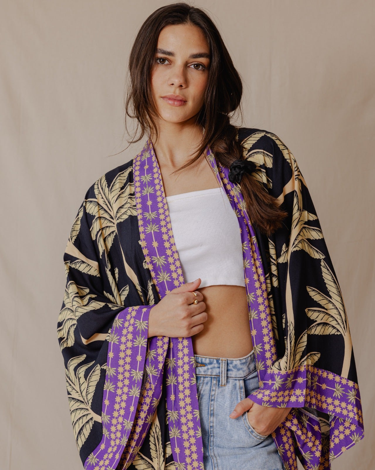 Palme Cotone Kimono Nero X Viola