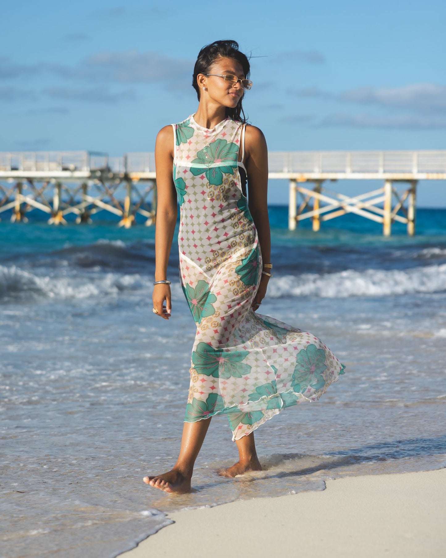 Tropical Mesh Dress in Off-White