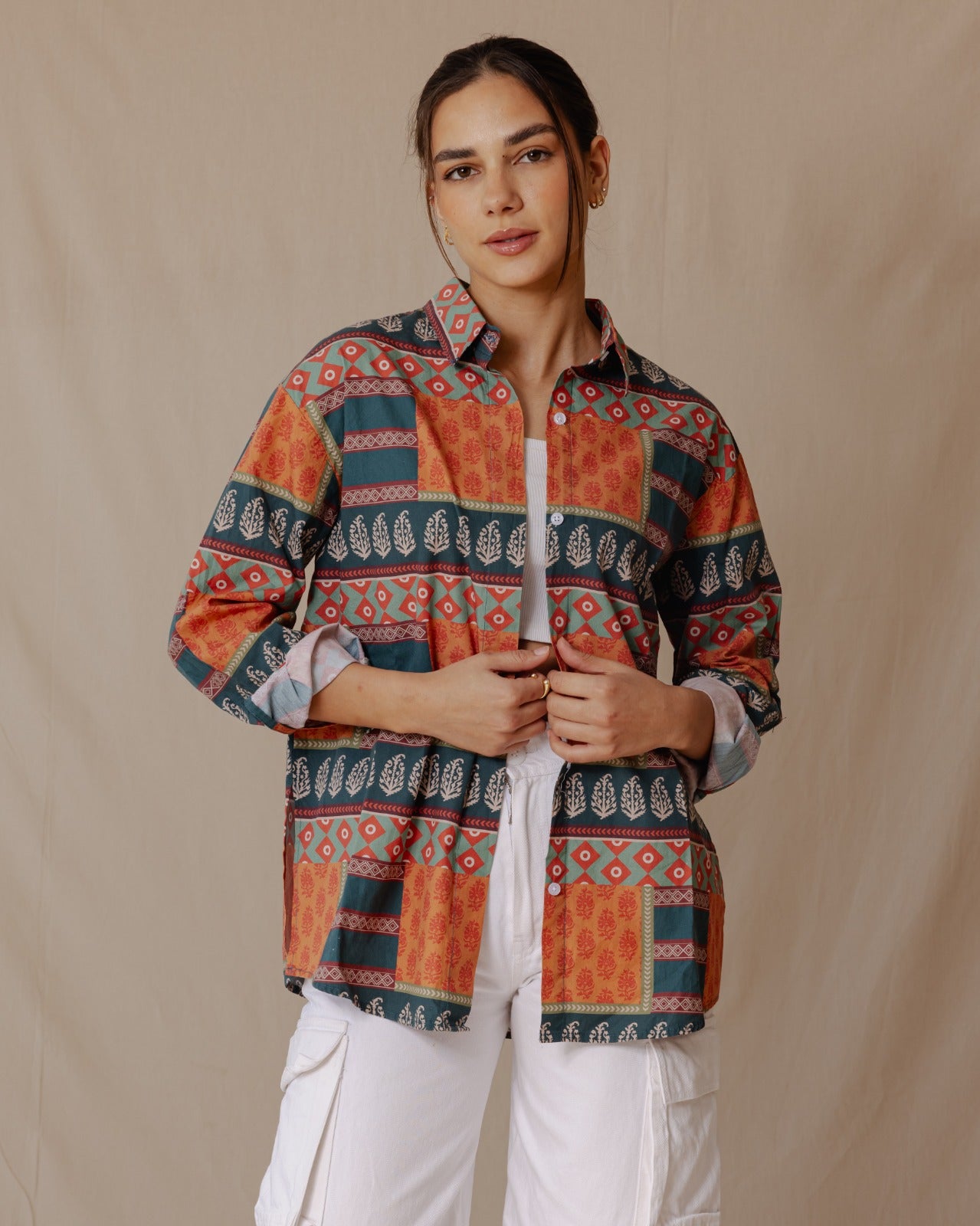 Statement Patchwork Shirt Teal X Orange