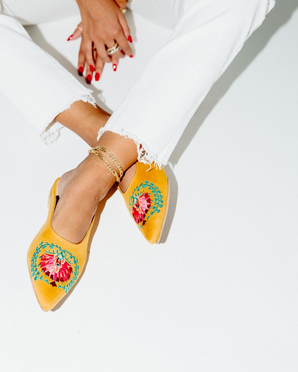 Pointy Mules Mustard Peacock