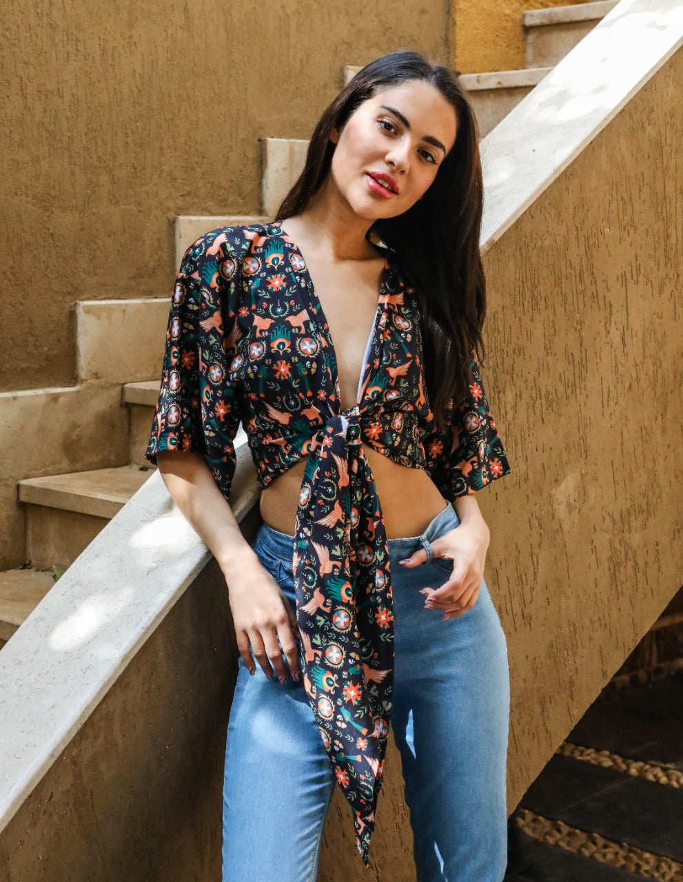 Kimono Top Negro y Naranja