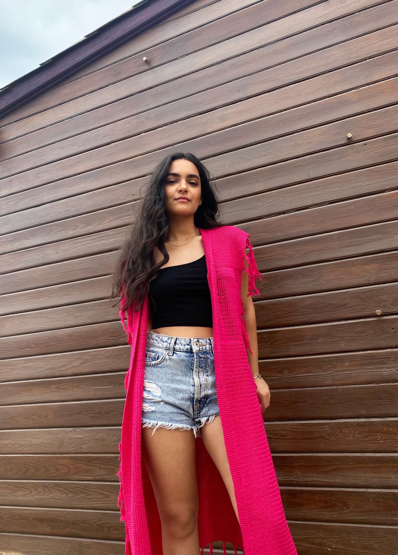 Camilia Fringe Long Vest Fuschia