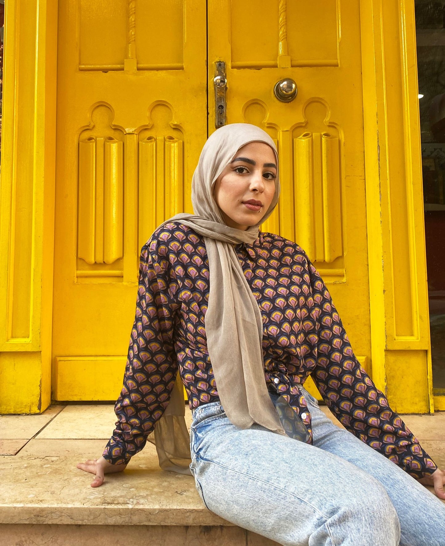 Lotus flower pattern button shirt navy blue