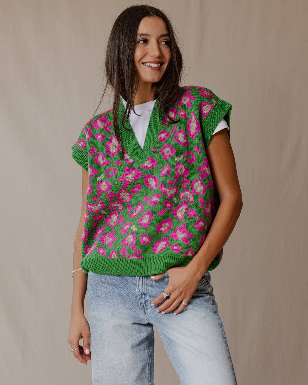 Gilet in maglia Cheetah verde X rosa
