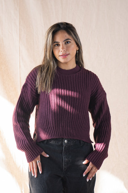 Maglione corto lavorato a maglia in bordeaux