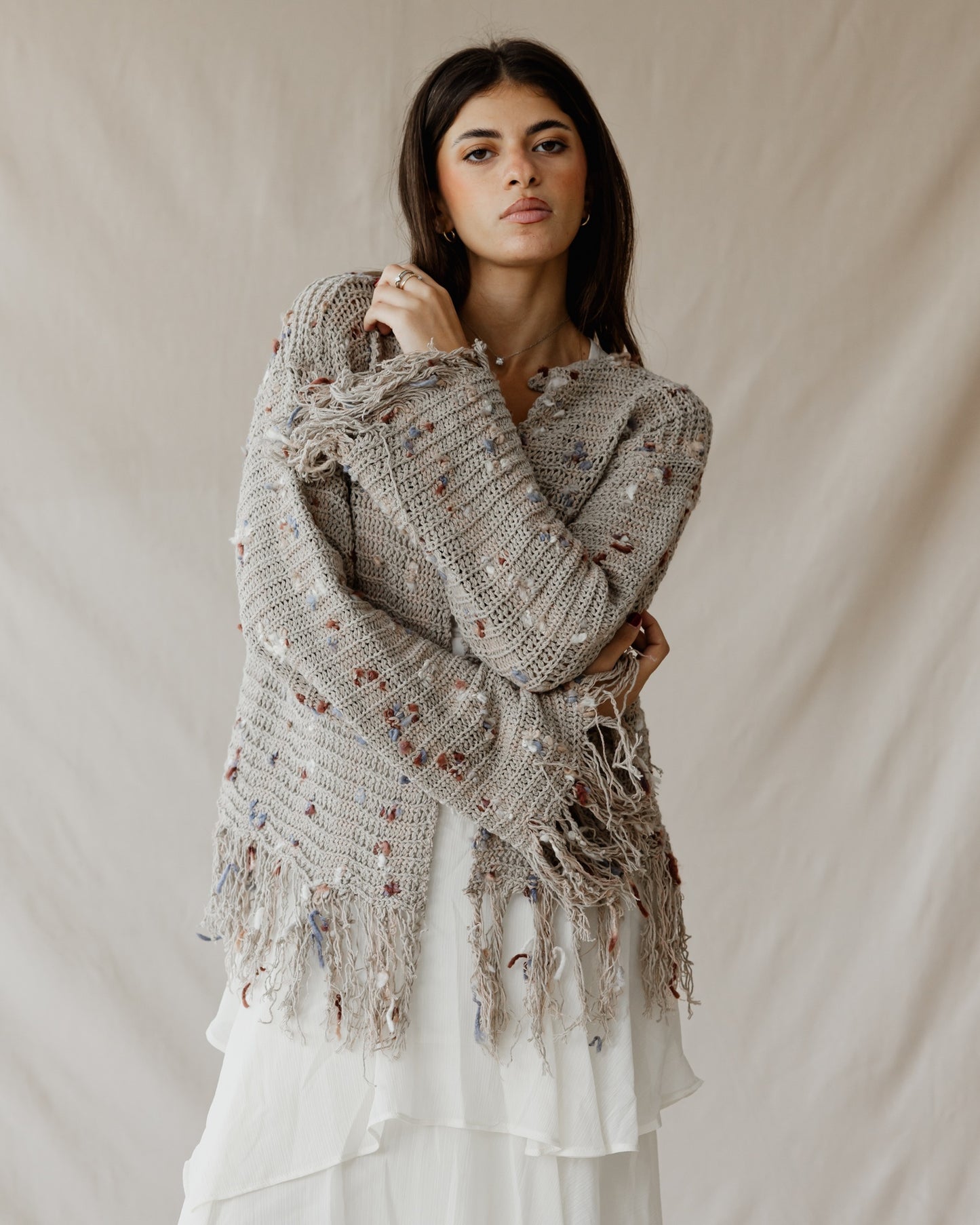 Beige Speckled Knit Cardigan