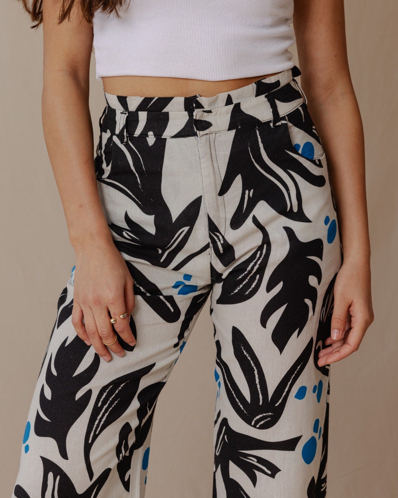 Black And White Leaves Linen Pants