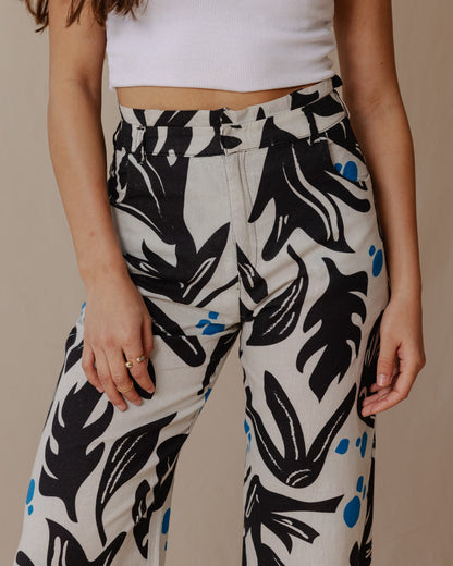 Black And White Leaves Linen Pants