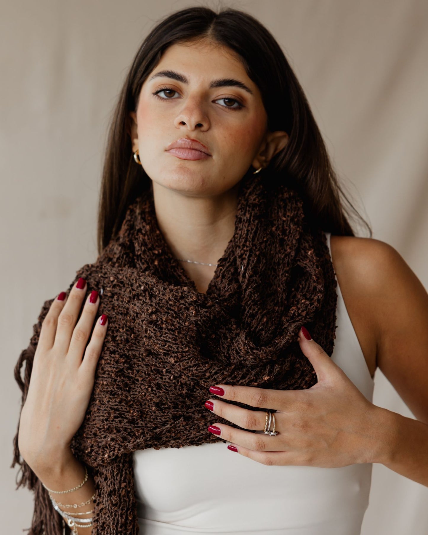 Bouclé Fringe Brown Scarf