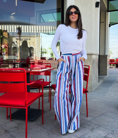 Pantaloni larghi a righe blu x bordeaux