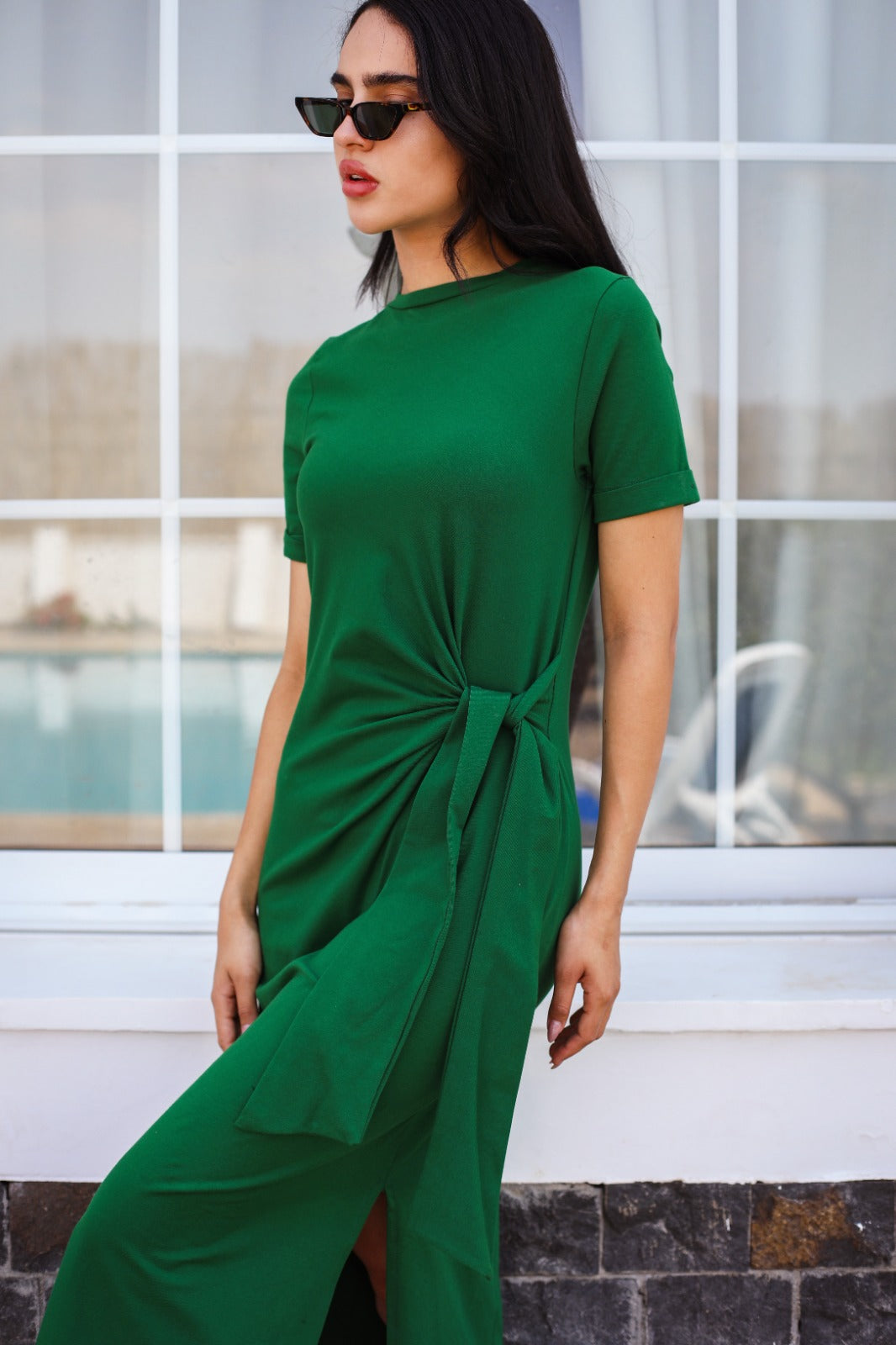 Vestito in cotone con cravatta laterale verde