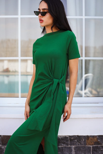 Vestito in cotone con cravatta laterale verde