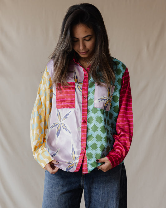 Whimsical Patchwork Satin Shirt