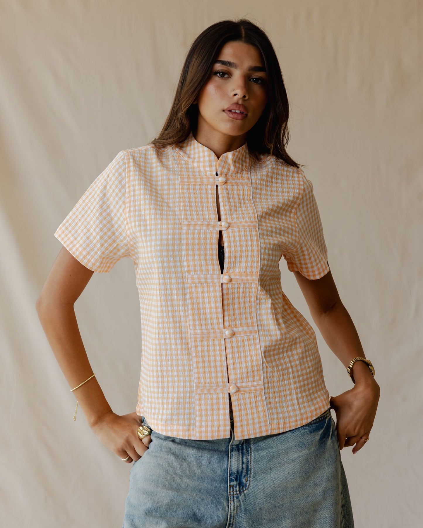 Gingham Meadow Shirt In Apricot