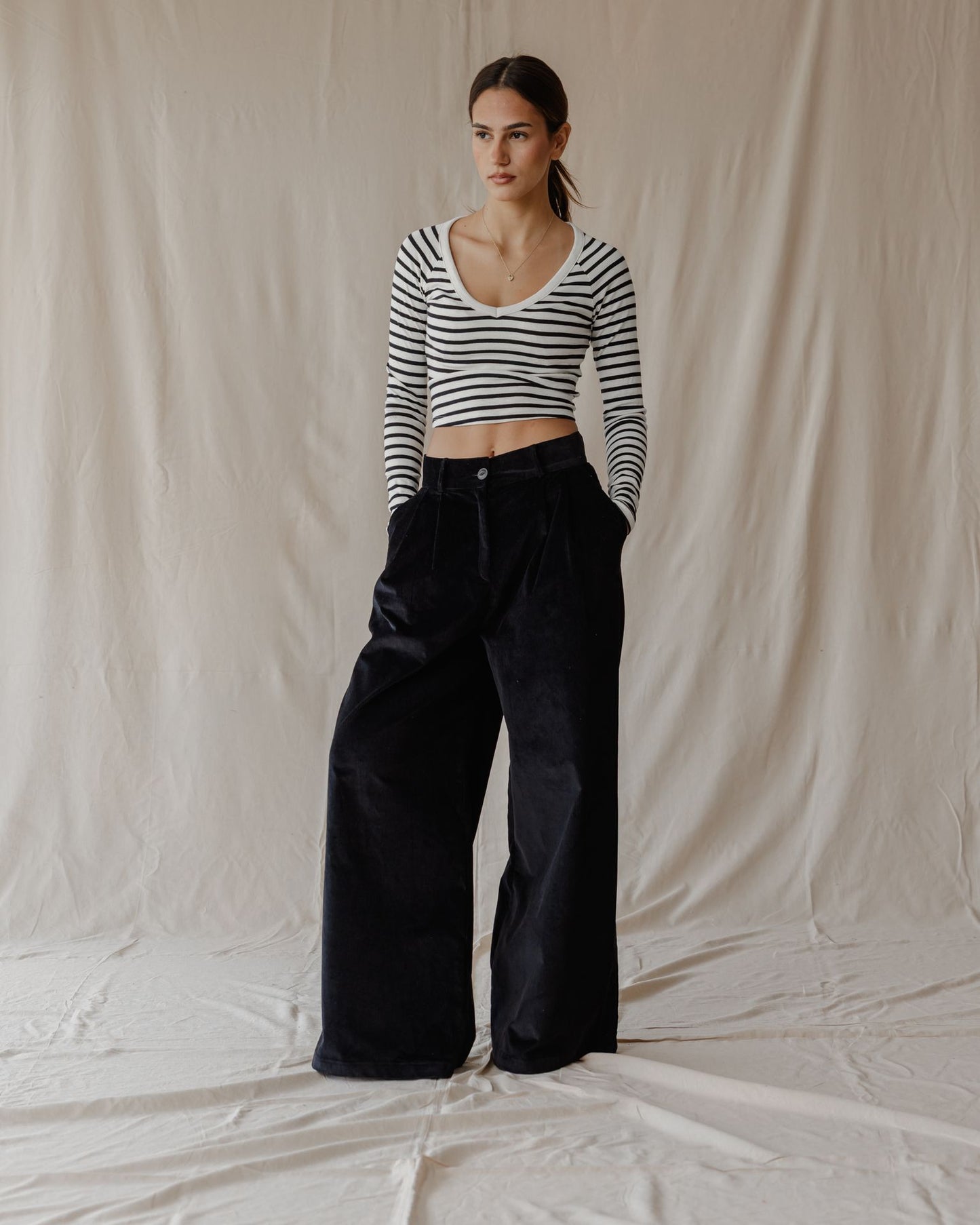 Pleated Cord Black Pants