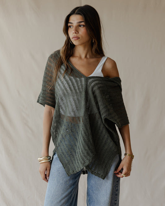 Summer Knit Poncho Olive