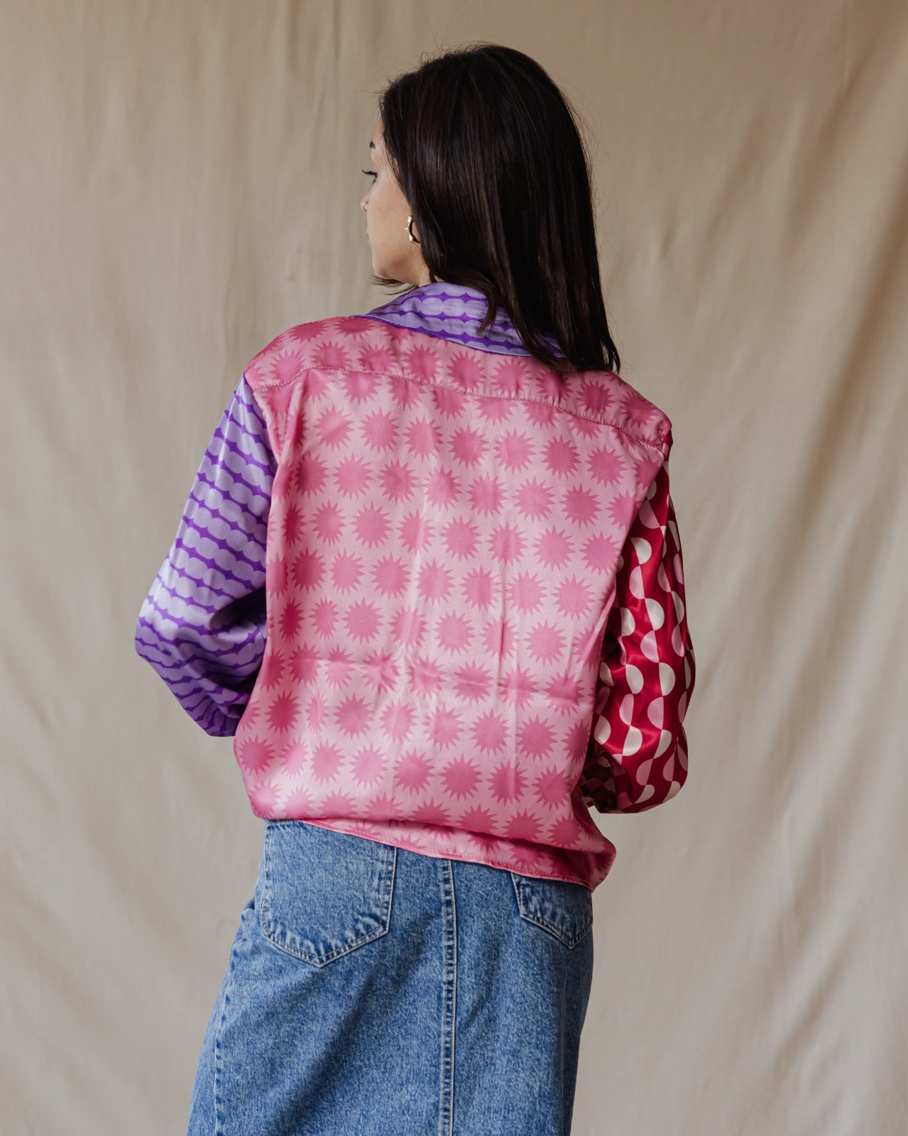 Whimsical Patchwork Satin Shirt In Pinks
