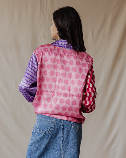 Whimsical Patchwork Satin Shirt In Pinks