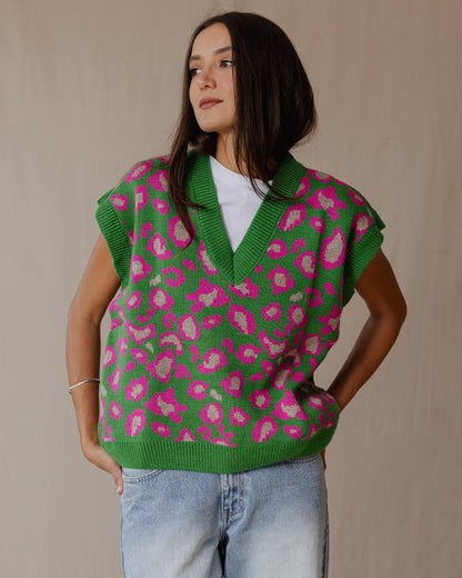 Gilet in maglia Cheetah verde X rosa