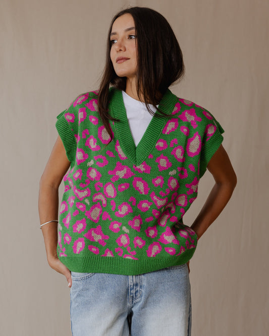 Cheetah Knitted Vest Green X Pink