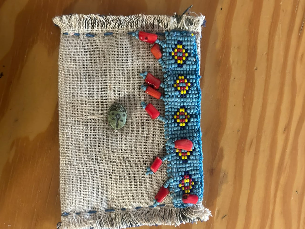 Blue Linen Beaded Card Holder