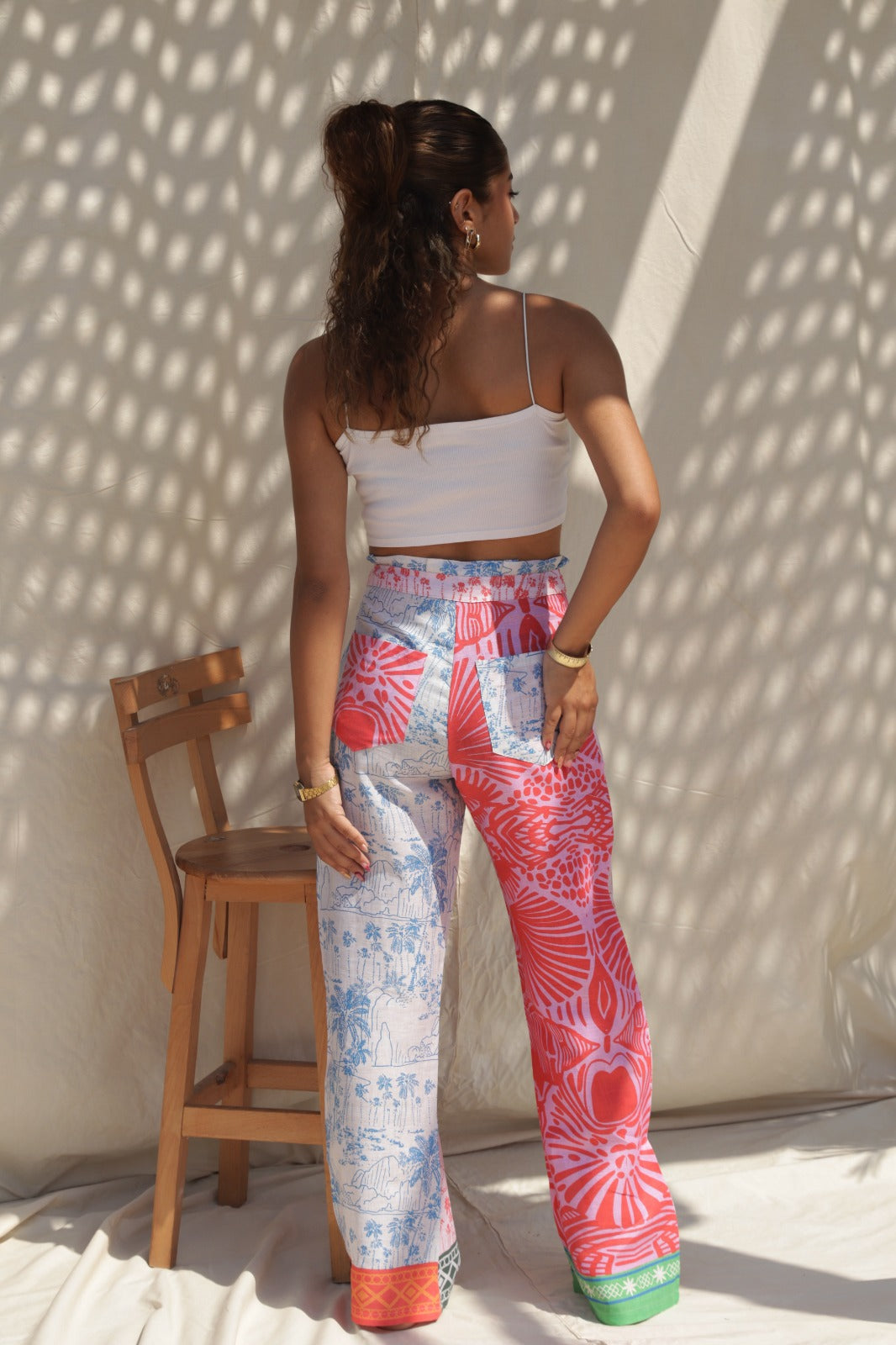 Pantalones de lino de patchwork multiprint