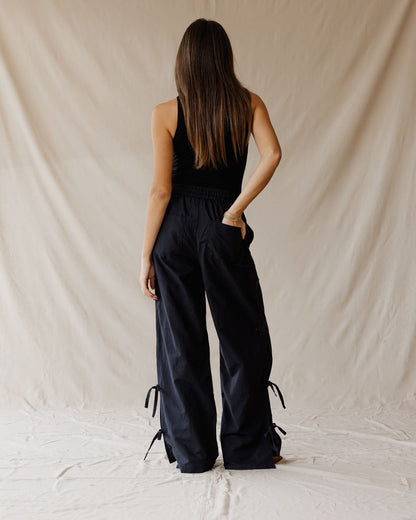 Side-tie Linen Black Pants