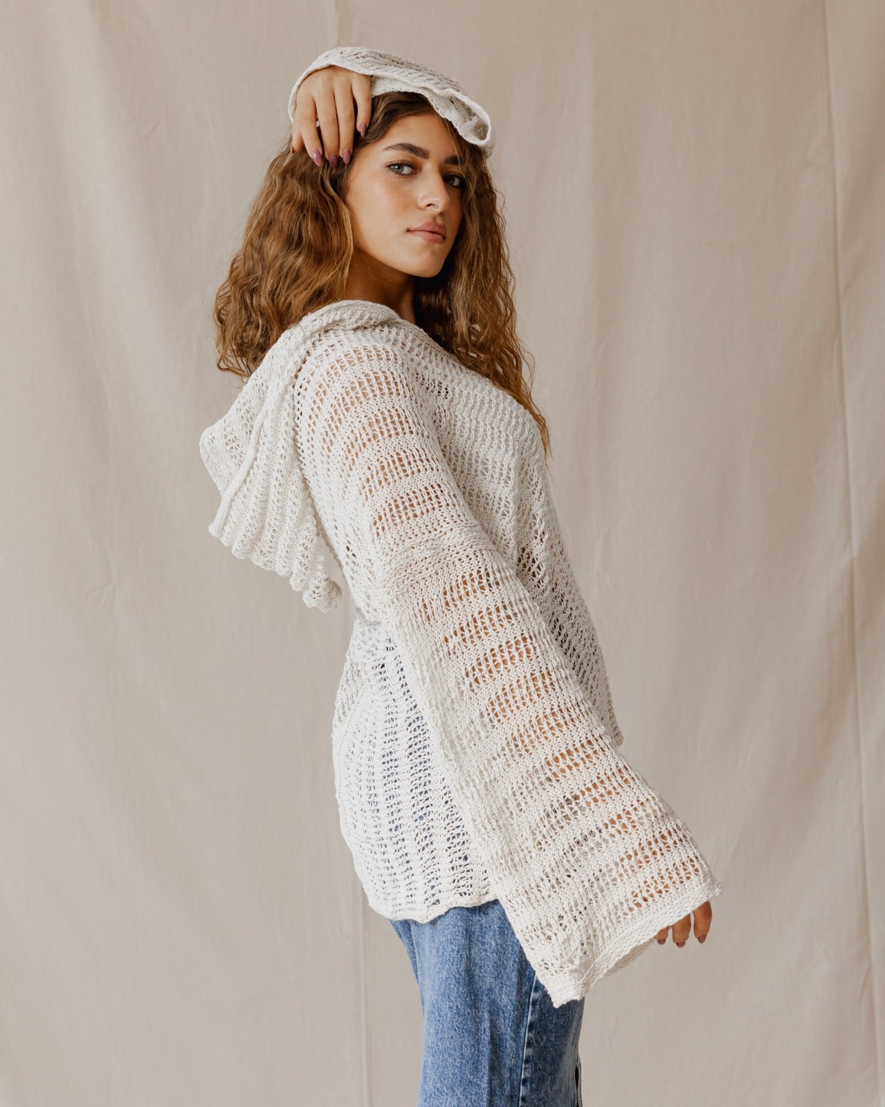 Sweat à Capuche Trico Fait Main Blanc Cassé