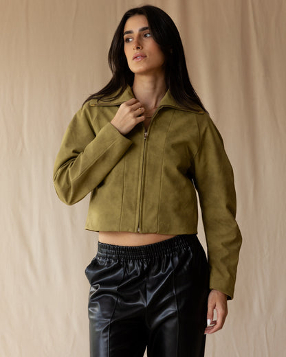 Olive Suede Zip-Up Jacket