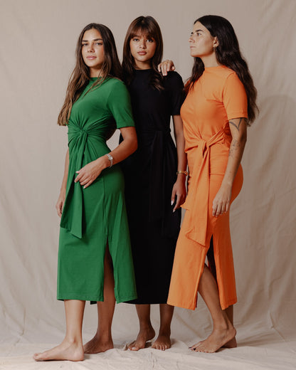 Vestito in cotone con cravatta laterale verde