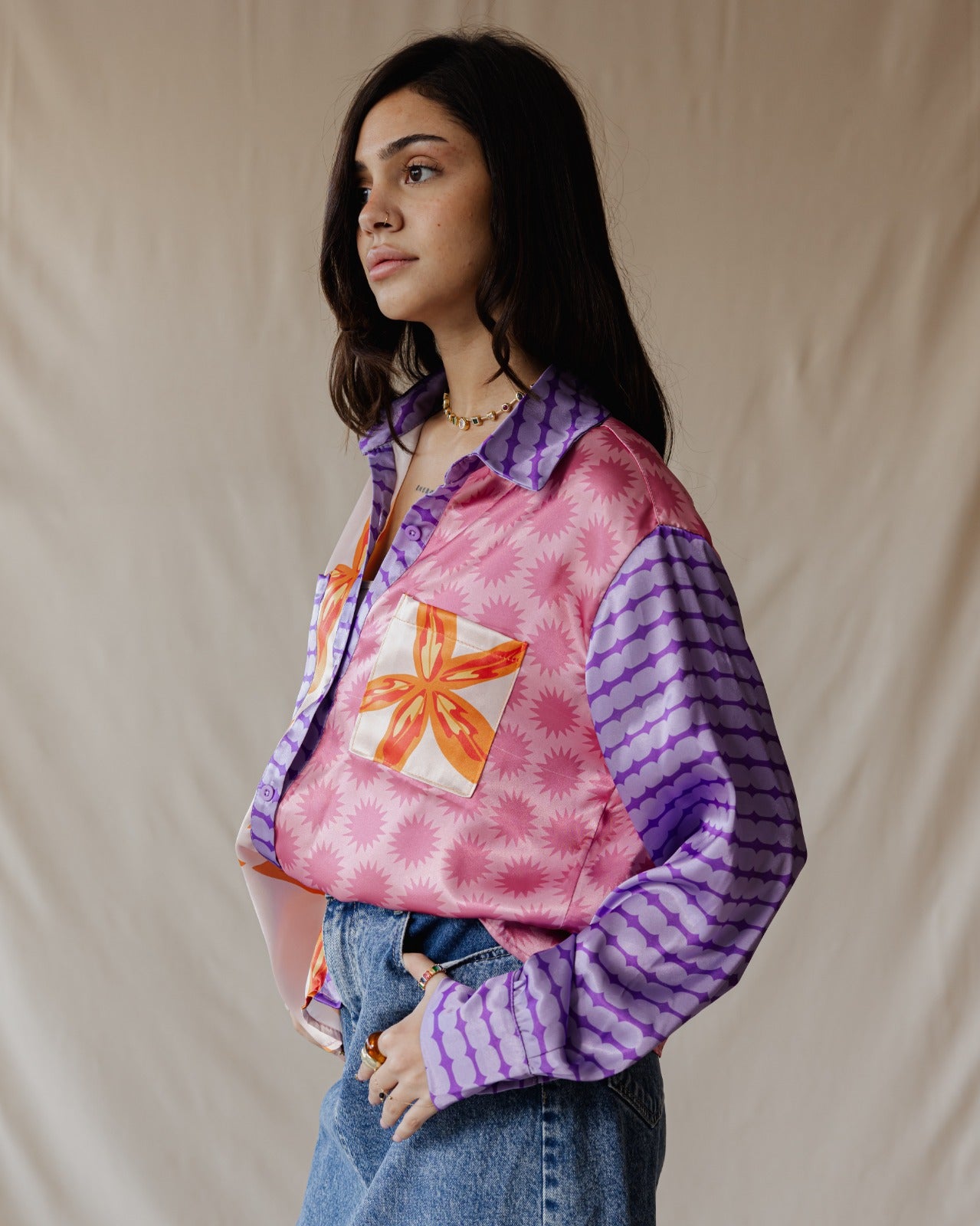 Whimsical Patchwork Satin Shirt In Pinks