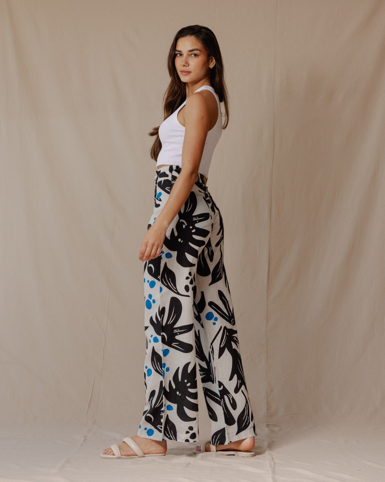 Black And White Leaves Linen Pants