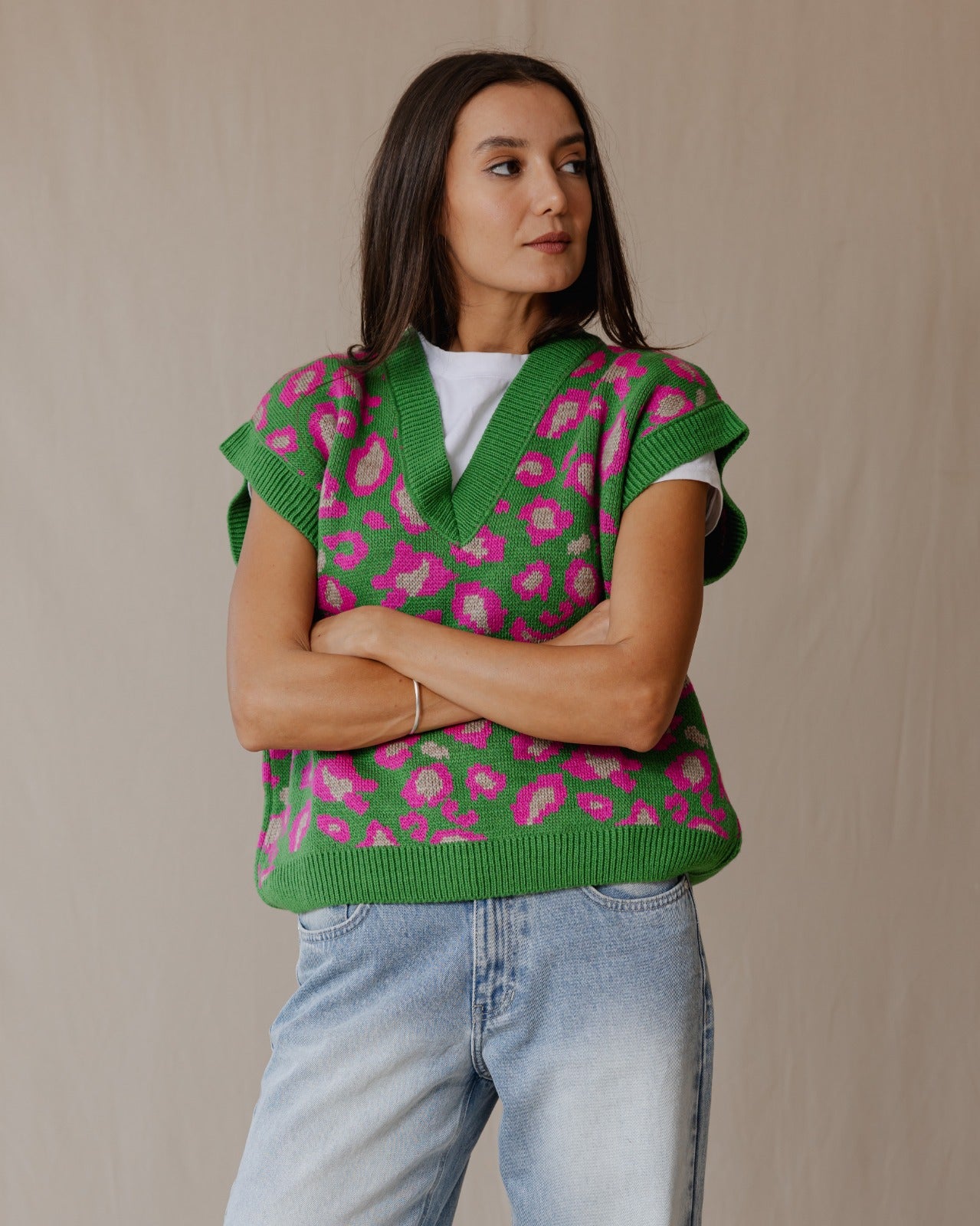 Gilet in maglia Cheetah verde X rosa