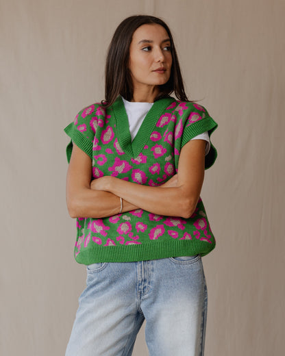 Gilet in maglia Cheetah verde X rosa