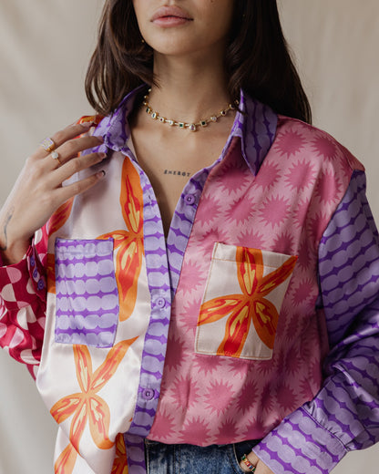 Whimsical Patchwork Satin Shirt In Pinks