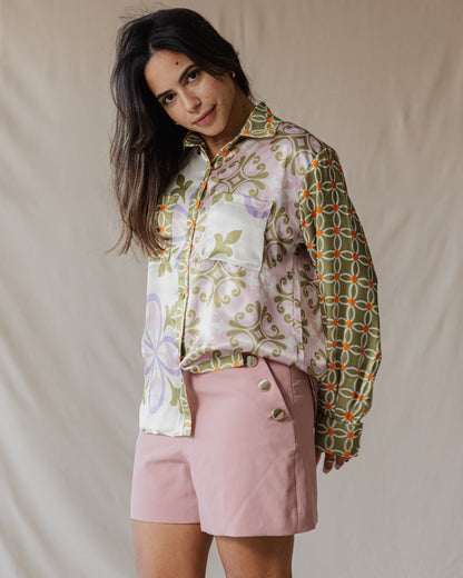 Floral Mosaic Patchwork Satin Shirt