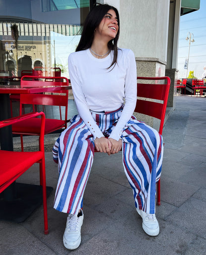 Pantaloni larghi a righe blu x bordeaux