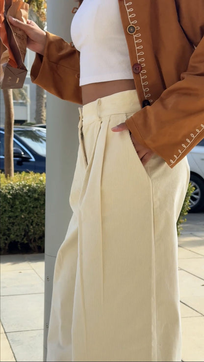 Pantalones de Pana Plisados Beige Crudo
