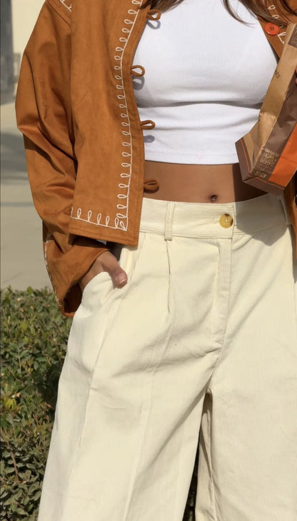 Pantalones de Pana Plisados Beige Crudo