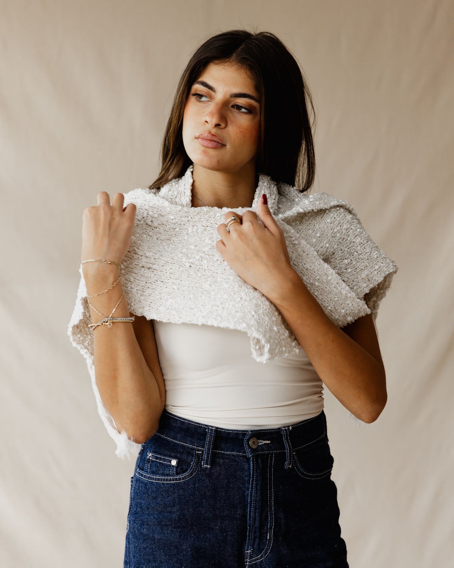 Bouclé Fringe Cream Scarf