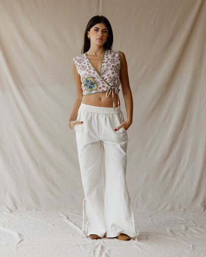 Side-tie Linen White Pants