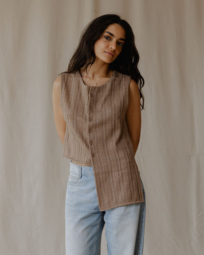 Woven Asymmetrical Camel Vest
