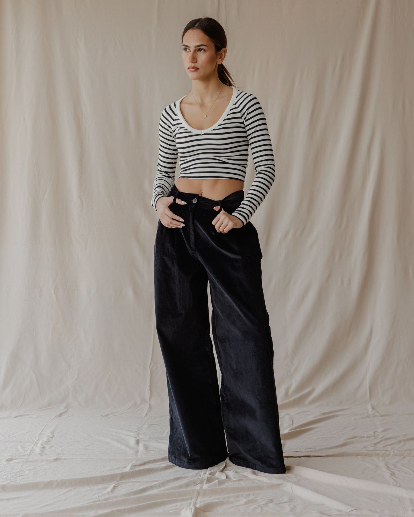 Pleated Cord Black Pants