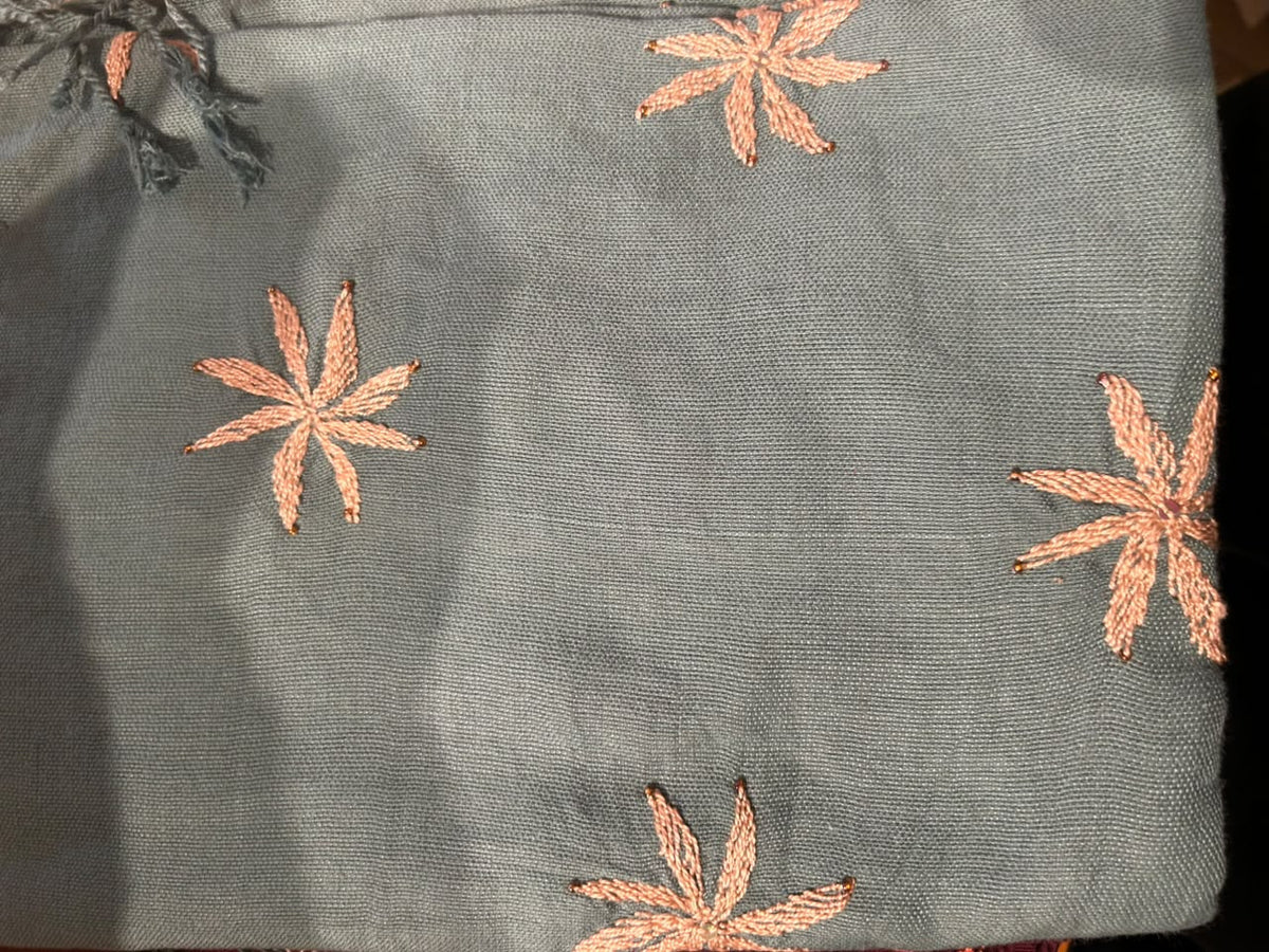 Grey Febran Embroidered Shawl With Pink Flowers