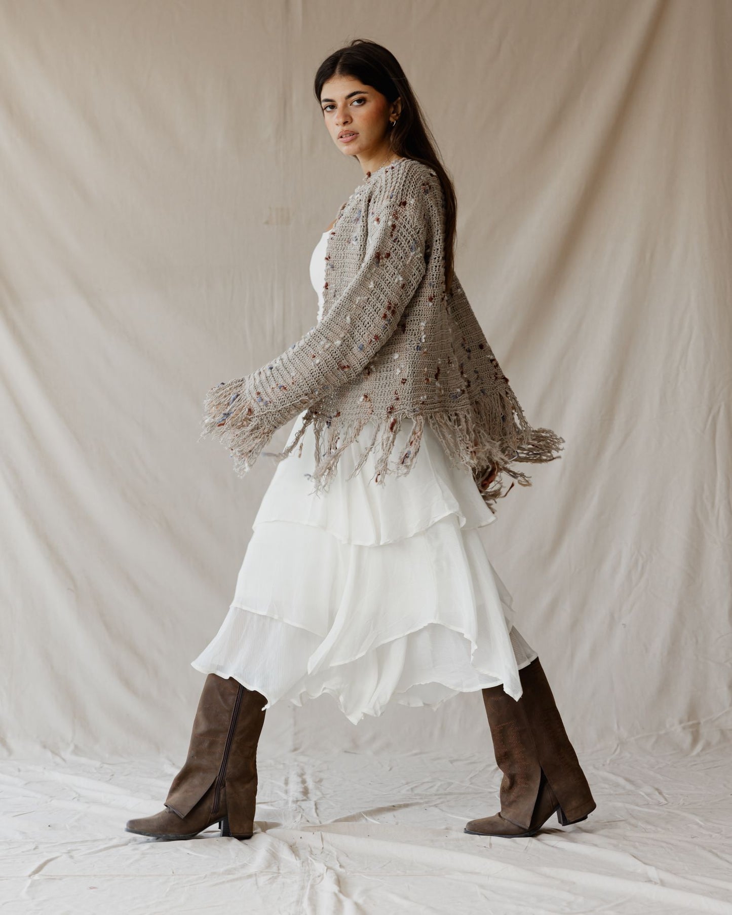 Beige Speckled Knit Cardigan