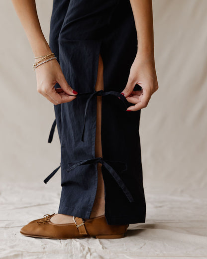 Side-tie Linen Black Pants
