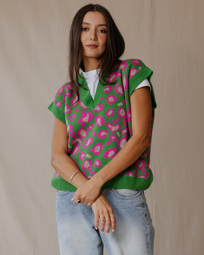 Gilet in maglia Cheetah verde X rosa