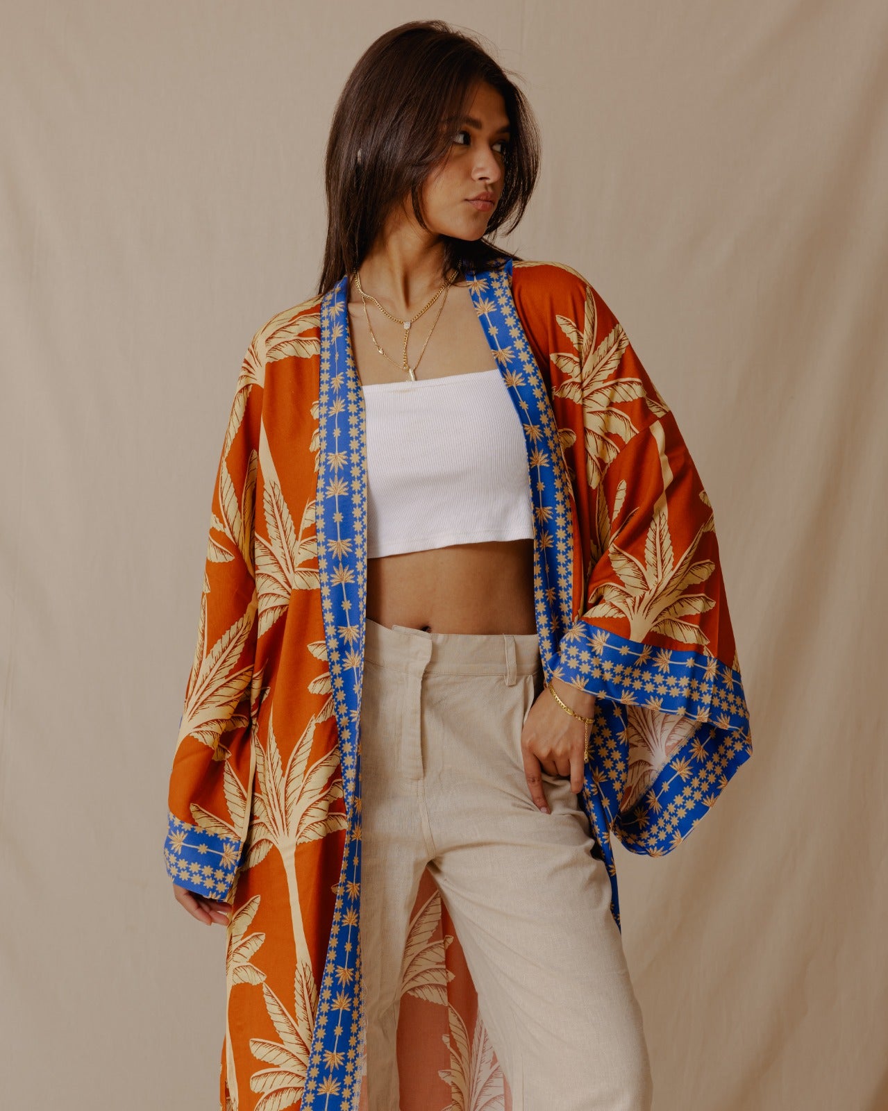 Palme Cotone Kimono Arancione X Blu
