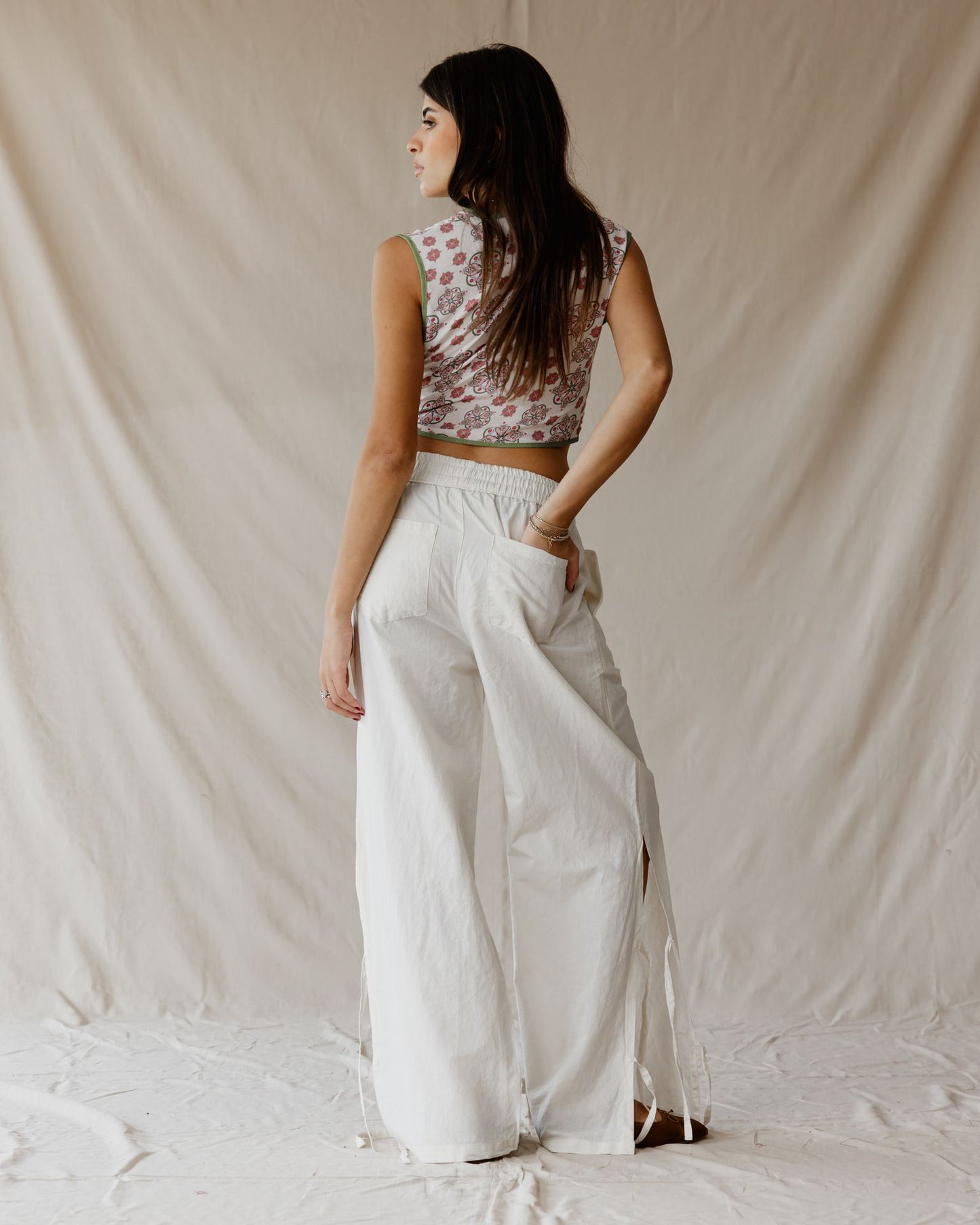 Side-tie Linen White Pants