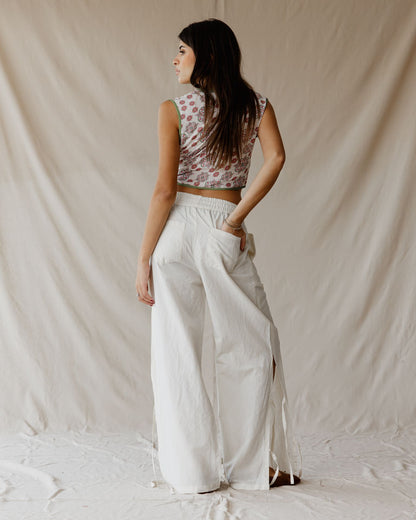 Side-tie Linen White Pants